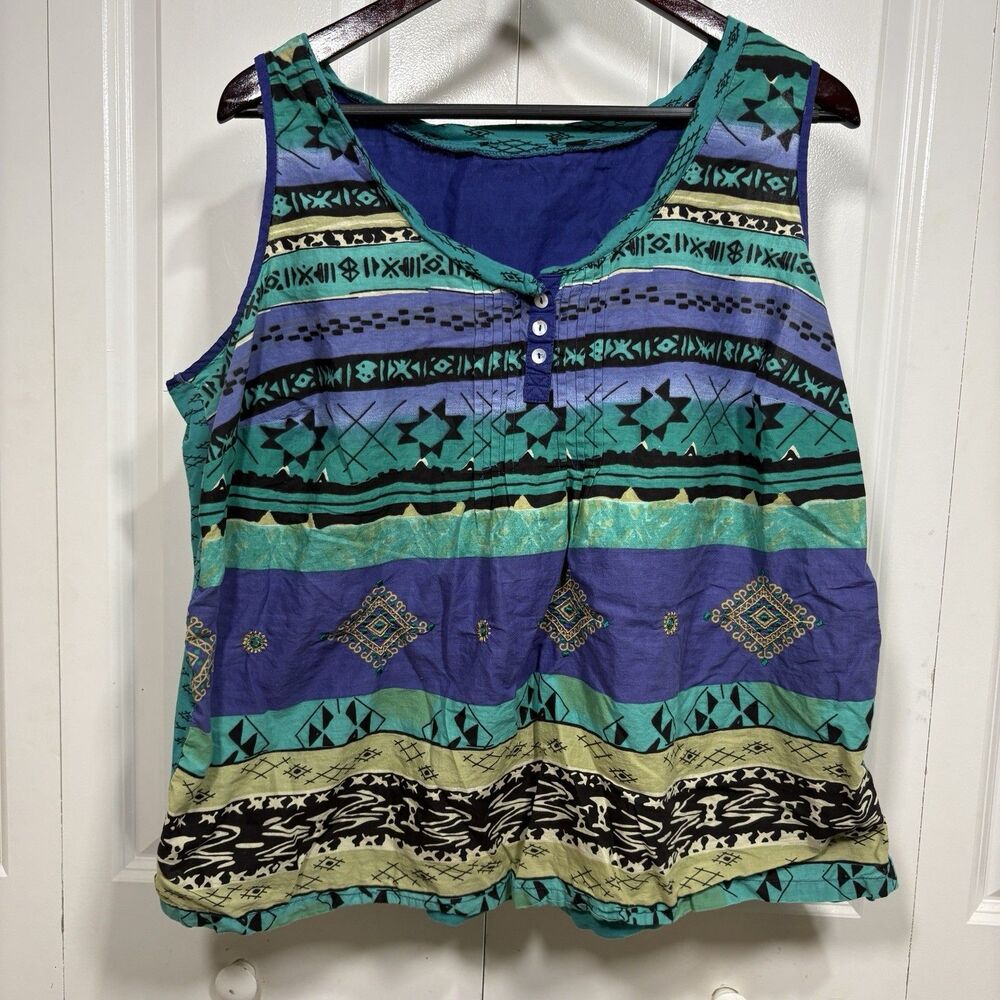 Boho Aztec Tank Top Women’s 2X Tribal Print Sleeveless Festival Colorful Ethnic